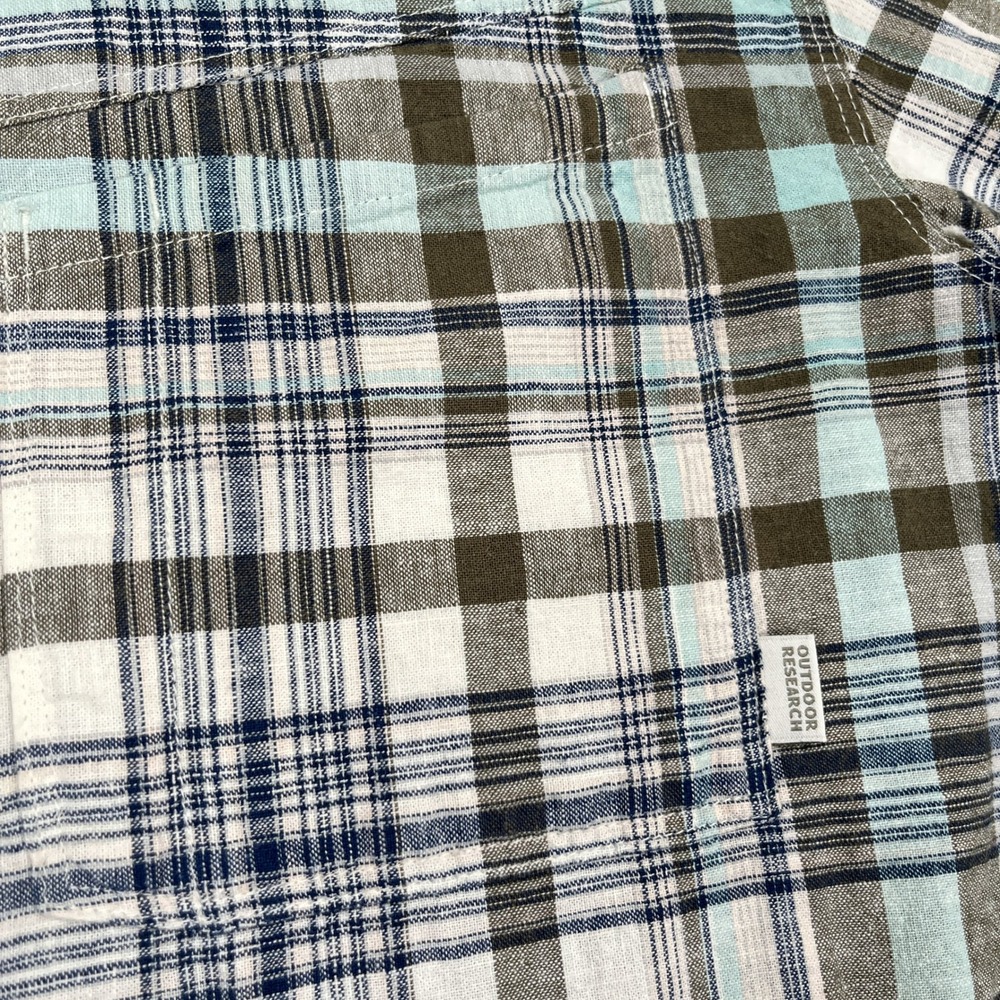 Outdoor Research Weisse Shirt Mens M Teal Brown Plaid Short Sleeve Button Hemp - Picture 7 of 12